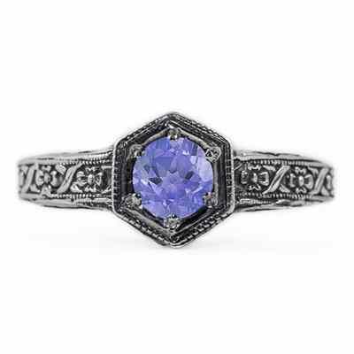 Floral Ribbon Design Vintage Style Tanzanite Ring in Sterling Silver -  - HGO-R063TZSS