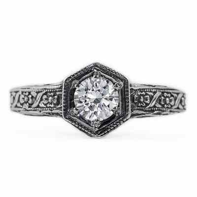 Floral Ribbon Design Vintage Style Diamond Engagement Ring White Gold -  - HGO-R063DW