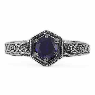 Floral Ribbon Design Vintage Style Sapphire Ring in Sterling Silver -  - HGO-R063SPW