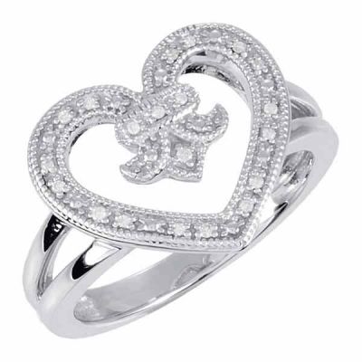 Fluer-de-Lis Diamond Heart Ring, Sterling Silver -  - STLRG-650076