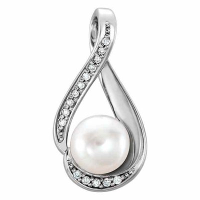 Freshwater Cultured Pearl and Diamond Pendant, 14K White Gold -  - STLPD-86586W