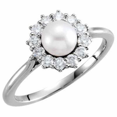 Freshwater Pearl and 1/3 Carat Diamond Halo Ring -  - STLRG-6476