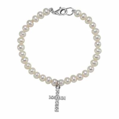 Freshwater Pearl and Cross Bracelet in Silver -  - STLBR-651645