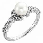 Freshwater Pearl and Diamond Leaf Ring