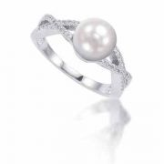Freshwater Pearl and Diamond Swirl Ring in Sterling Silver