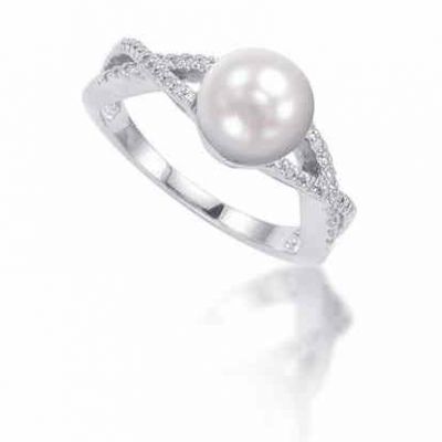Freshwater Pearl and Diamond Swirl Ring in Sterling Silver -  - MK-RB3130APD