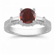 Garnet and Baguette Diamond Engraved Engagement Ring, 14K White Gold