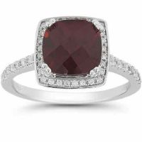 Garnet and Pave Diamond Halo Ring in 14K White Gold