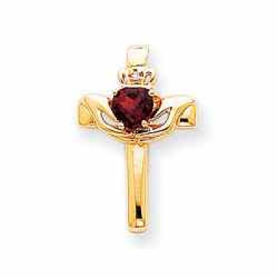 Garnet Claddagh Cross Necklace, 14K Yellow Gold -  - QGCR-XP753GA-AA