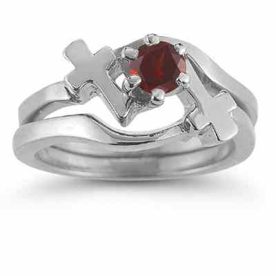 Garnet Cross Christian Wedding Ring Bridal Ring Set, 14K White Gold -  - AOGEGR-3632GTW