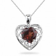 Garnet Heart and Diamond Pendant, 14K White Gold