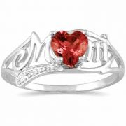 Garnet Heart Mom Ring with Diamonds in 10K White Gold