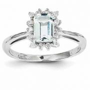 Genuine Emerald-Cut Aquamarine and Diamond Ring, 14K White Gold