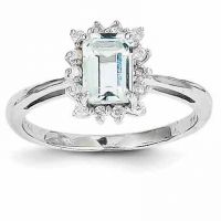 Genuine Emerald-Cut Aquamarine and Diamond Ring, 14K White Gold