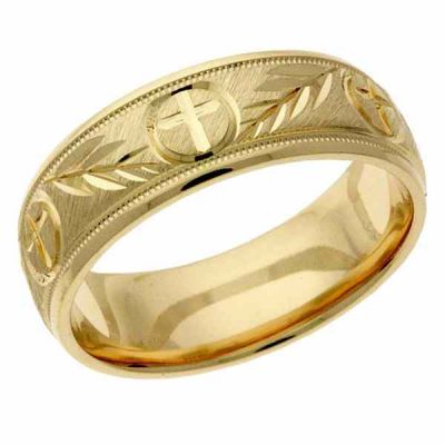 Gold Christian Cross and Leaves Wedding Band Ring -  - NDLS-324Y