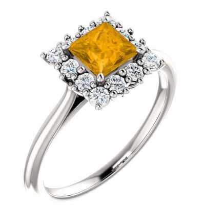 Golden Yellow Citrine Princess-Cut Halo Ring, Sterling Silver -  - STLRG-71606CTSS