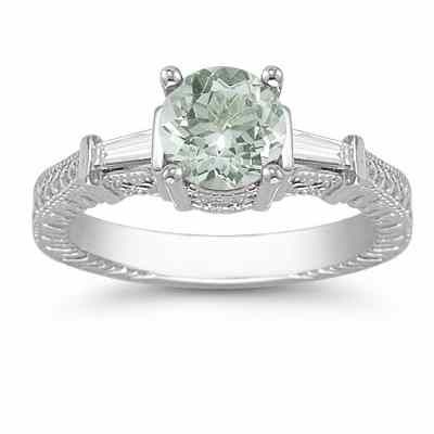Green Amethyst and Diamond Engraved Engagement Ring, 14K White Gold -  - AOGRG-7-GA