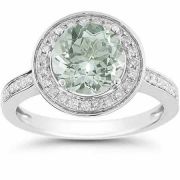 Green Amethyst and Diamond Halo Ring in 14K White Gold