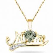 Green Amethyst and Diamond MOM Necklace, 10K Yellow Gold