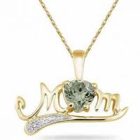 Green Amethyst and Diamond MOM Necklace, 10K Yellow Gold