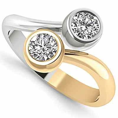 Half Carat Two Tone 14K Gold Bezel Set 2 Stone Diamond Ring -  - QGRG-YWM2873-3P