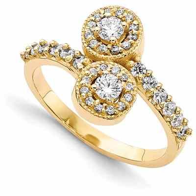 2 Stone Diamond Ring in 14k Yellow Gold Halo Design -  - QGRG-YM2608-2AA