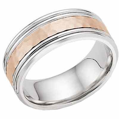 Hammered Double Edged Wedding Band in 14K White and Rose Gold -  - WED-QQ-WP