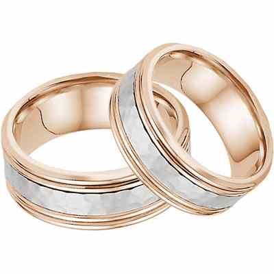 Hammered Double Edged Wedding Band in Set 14K Rose and White Gold -  - WED-QQ-PW-SET