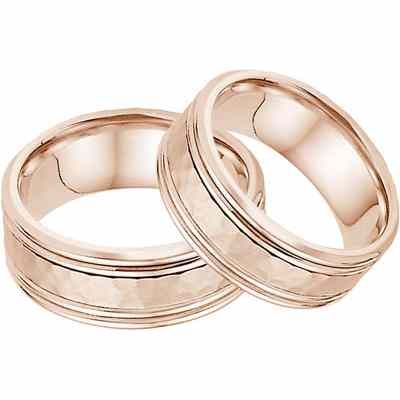 Hammered Double Edged Wedding Band Set in 14K Rose Gold -  - WED-QQ-P-SET