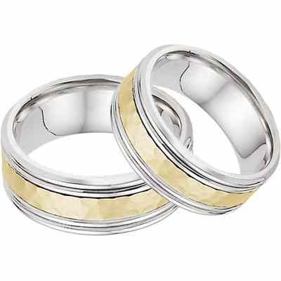Hammered Double Edged Wedding Band Set in 14K Two Tone Gold -  - WED-QQ-WY-SET