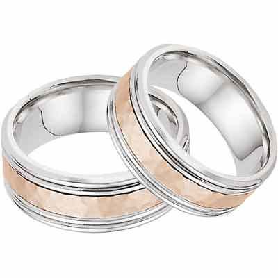 Hammered Double Edged Wedding Band Set in 14K White and Rose Gold -  - WED-QQ-WP-SET