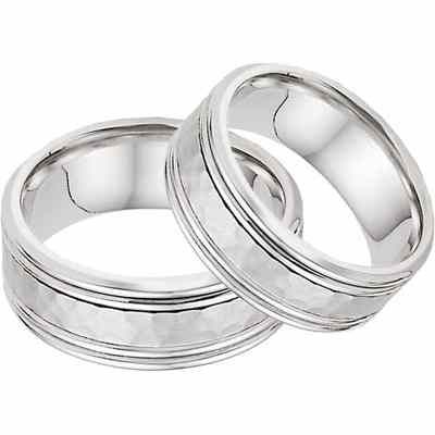 Hammered Double Edged Wedding Band Set in 14K White Gold -  - WED-QQ-SET