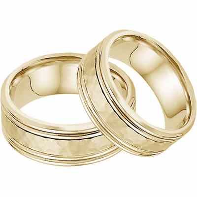 Hammered Double Edged Wedding Band Set in 14K Yellow Gold -  - WED-QQ-Y-SET