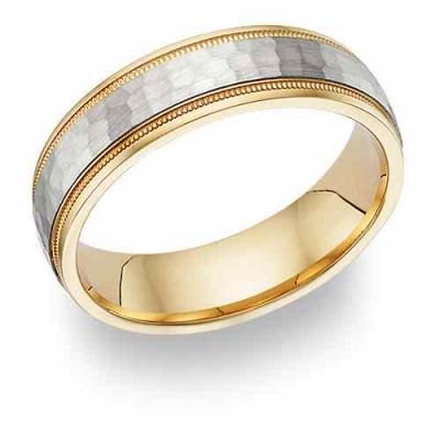 Hammered Wedding Band Ring - 14K Two-Tone Gold -  - WBAND-6