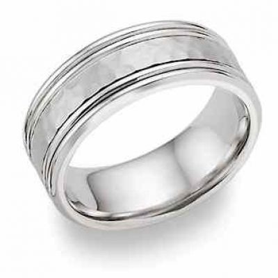 Hammered Double Edged Wedding Band in 18K White Gold -  - WED-QQ-18K