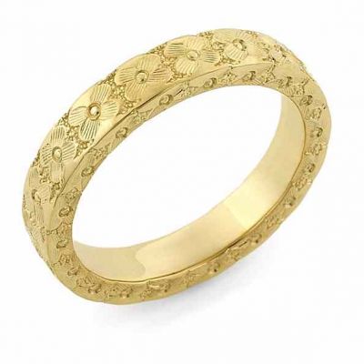 Hand Carved Flower Wedding Band Ring, 14K Gold -  - HC-6
