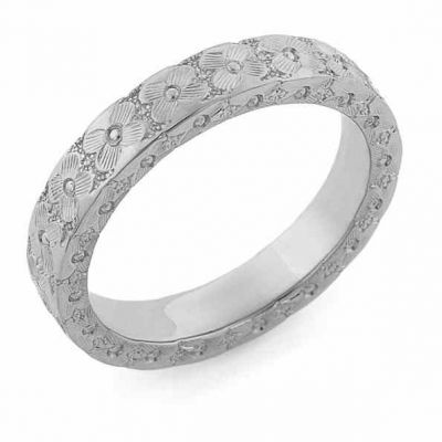 Hand-Carved Flower Wedding Ring, 14K White Gold -  - HC-7