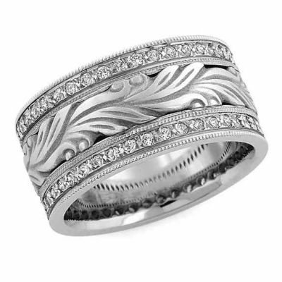 Hand Carved Paisley Diamond Wedding Band Ring -  - HC-8