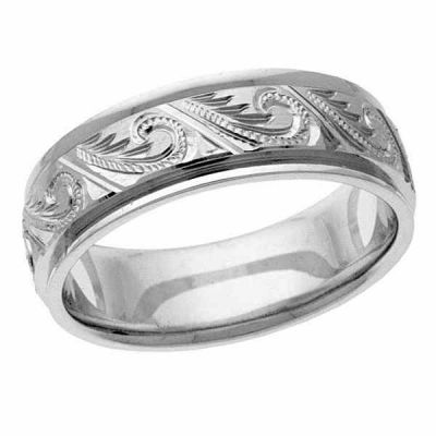 Hand-Engraved Paisley Platinum Wedding Band Ring -  - NDLS-304PL