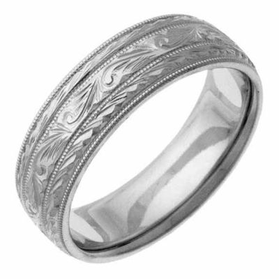 Hand-Etched Paisley Wedding Band Ring, White Gold -  - NDLS-313W