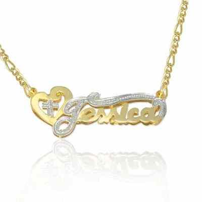 Heart and Cross Name Jewelry Necklace Yellow Gold -  - JAPD-NP90589-Y