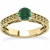 Heart Band and Green Emerald Engagement Ring, 14K Yellow Gold