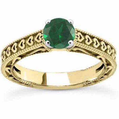 Heart Band and Green Emerald Engagement Ring, 14K Yellow Gold -  - US-ENS3612EMY