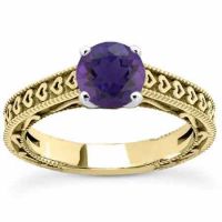 Heart Band Purple Amethyst Engagement Ring, 14K Yellow Gold