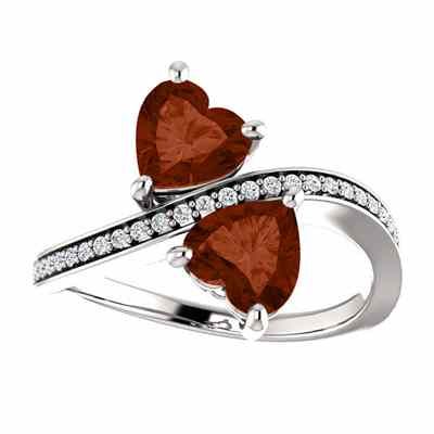Heart Cut Garnet and Diamond 2 Stone Ring in 14K White Gold -  - STLRG-71779HGTDW