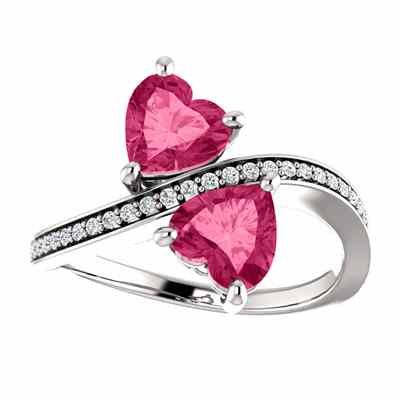 Heart Cut Pink Topaz Two Stone Ring in Sterling Silver -  - STLRG-71779HPTCZSS