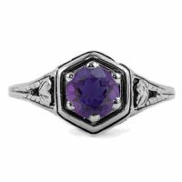 Heart Design Vintage Style Amethyst Ring in Sterling Silver