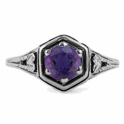 Heart Design Vintage Style Amethyst Ring in 14K White Gold -  - HGO-R012AMW