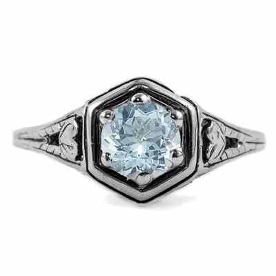 Heart Design Vintage Style Aquamarine Ring in 14K White Gold -  - HGO-R012AQW