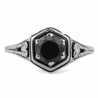 Heart Design Vintage Style Black Diamond Ring in 14K White Gold -  - HGO-R012BLKW